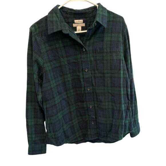 L.L.Bean Womens Flannel Button Up Shirt Size M Petites Green Plaid Fall Outdoor - Picture 1 of 9